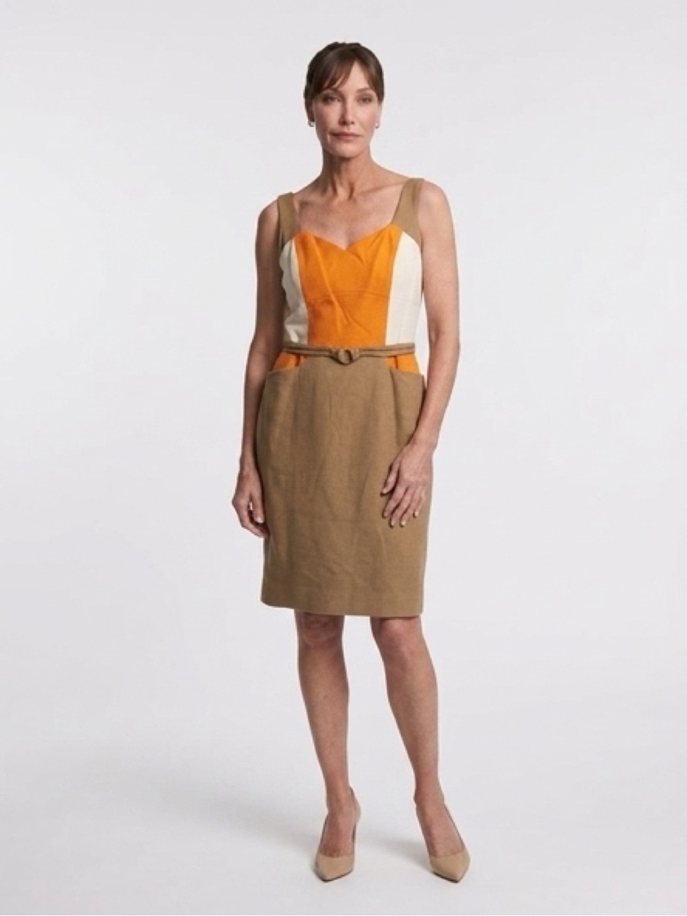 100% Silk AYSHA Vintage dress, woven fabric brown and orange, belted